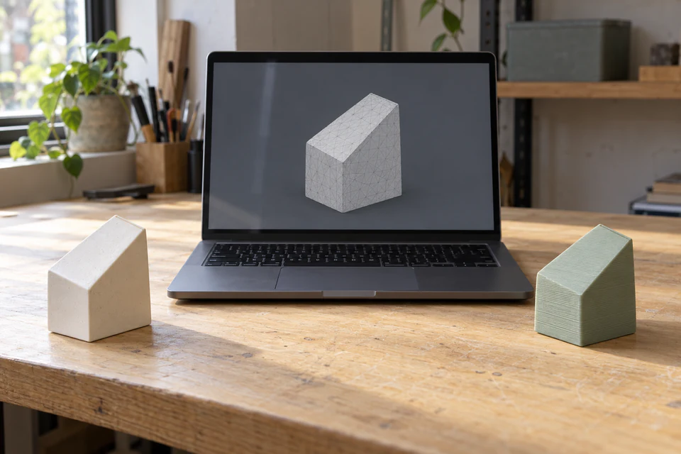 Physical object beside a laptop showing its 3D mesh and a similar 3D-printed copy