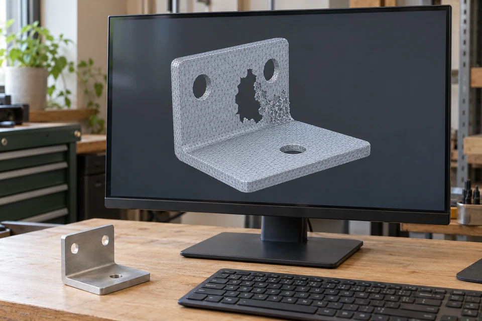Computer monitor showing a 3D mesh with a missing surface and noisy geometry