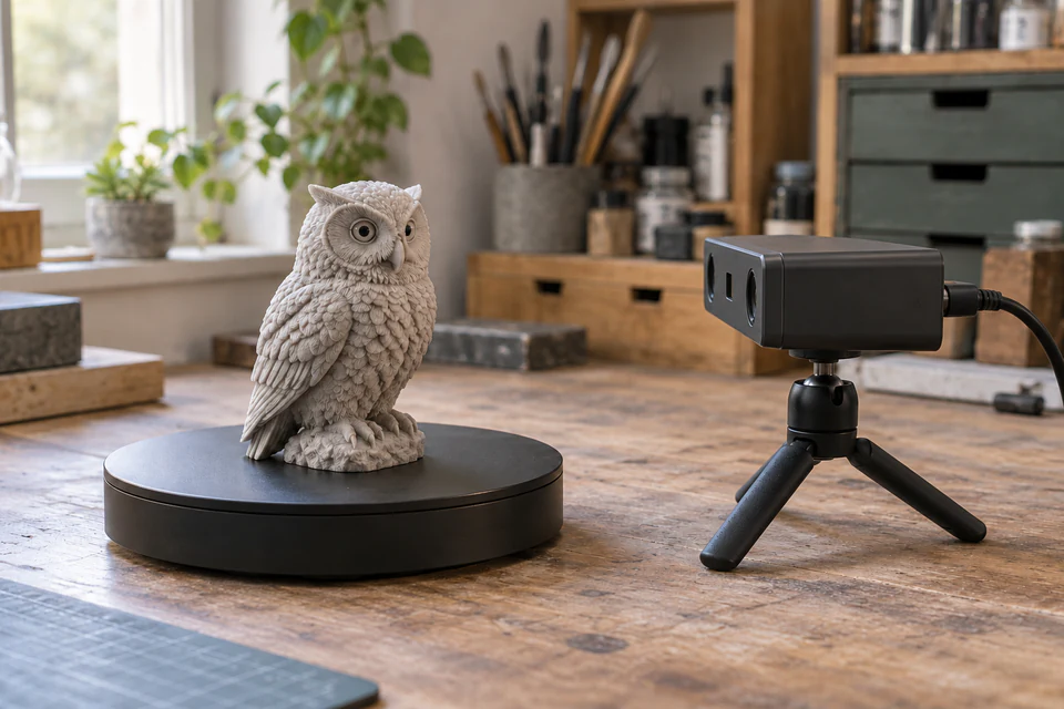 Small resin figurine on a turntable beside a compact 3D scanning setup