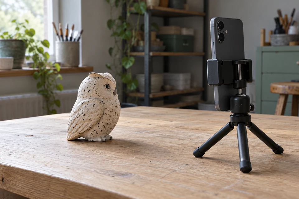 Smartphone on a tripod photographing a small object for photogrammetry