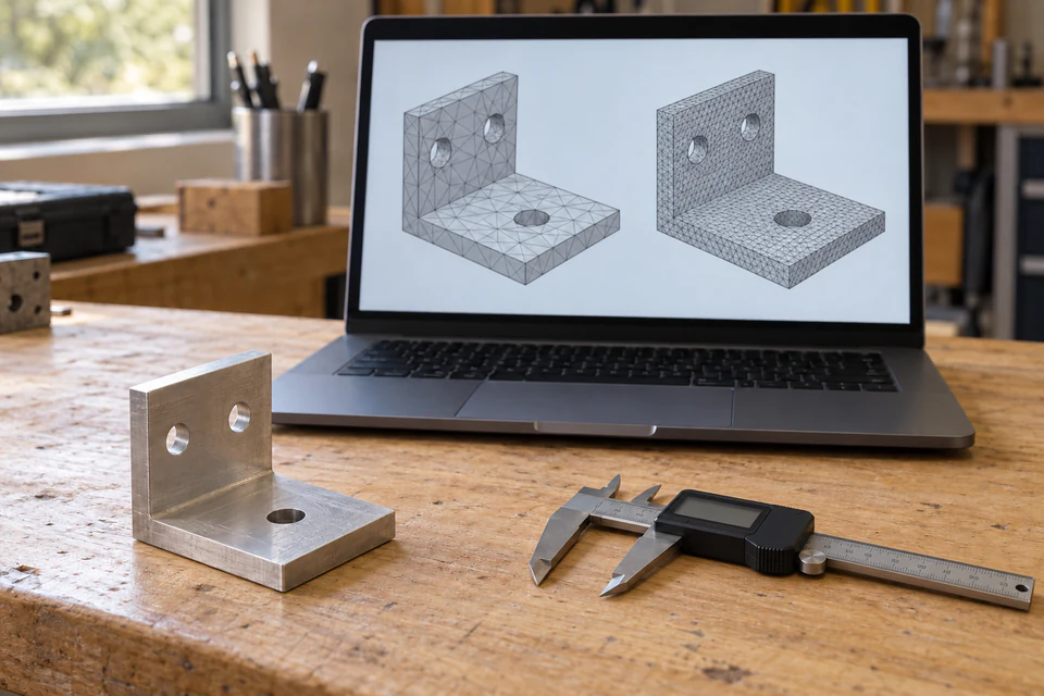 Metal bracket and caliper beside a computer displaying different levels of 3D mesh detail