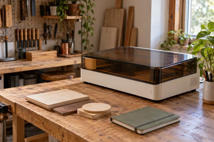 An idle enclosed compact engraver on a wooden maker workbench with blank wood pieces and a notebook.