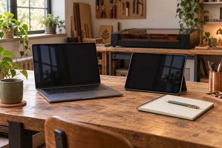 An unbranded laptop and tablet with dark screens on a quiet maker workspace desk.