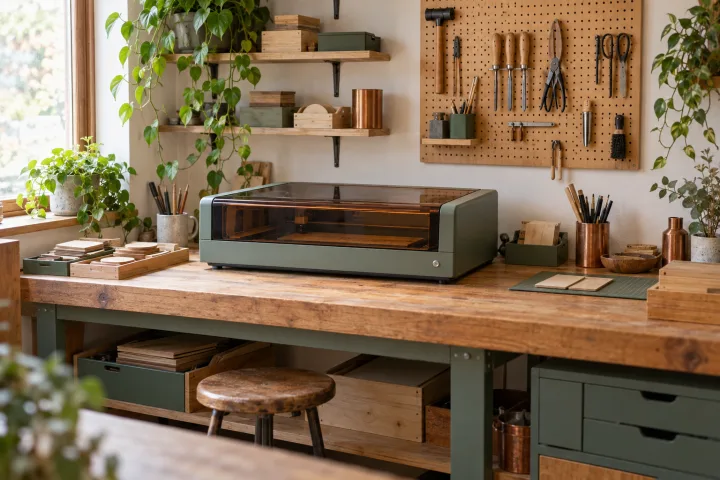 A small, organized workshop bench with an idle enclosed engraver and neatly stored tools.
